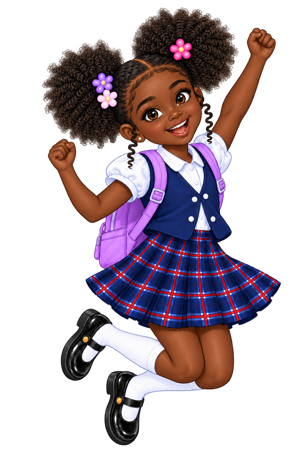 Maia jumping happily in her school uniform and purple backpack.